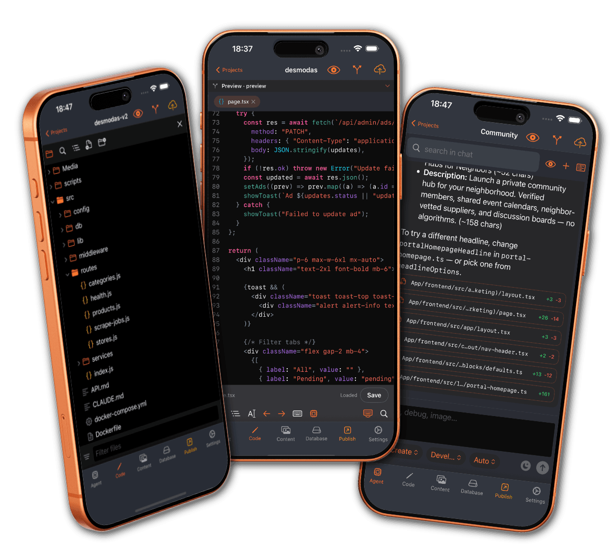 exori file browser, Runestone code editor, and AI agent on iPhone