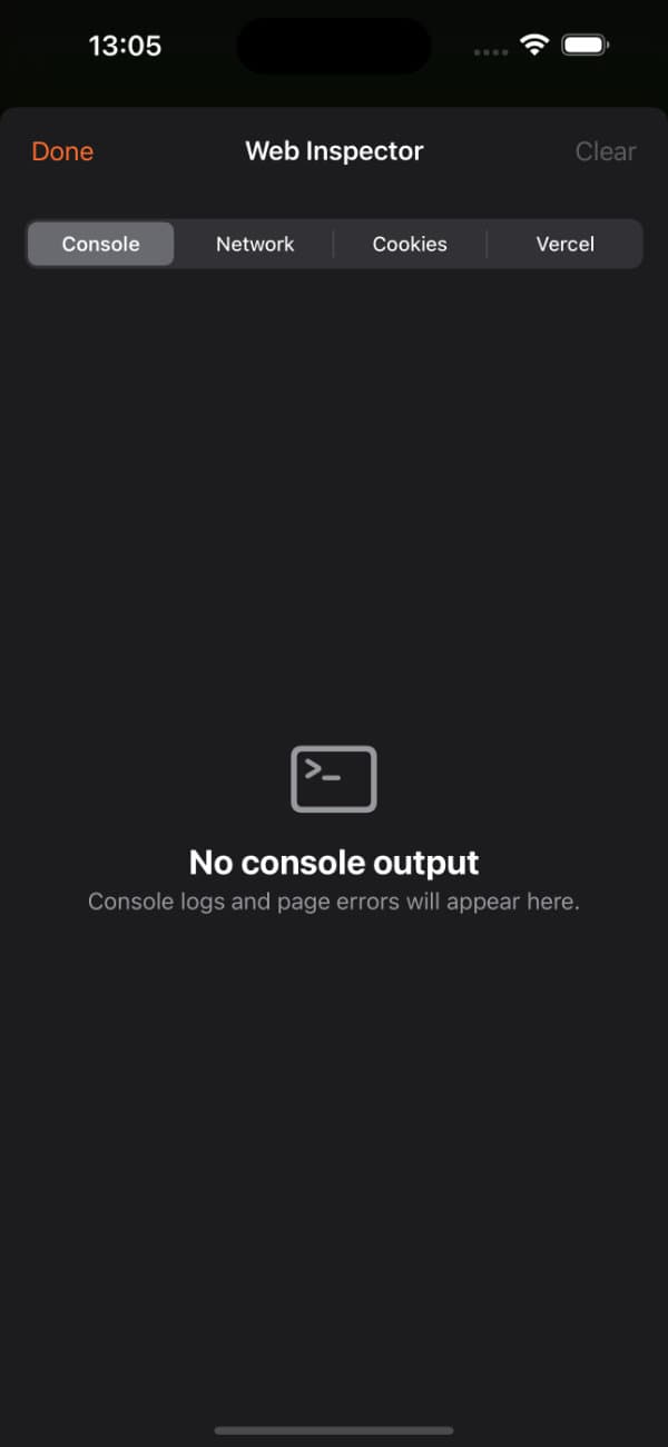 Web Inspector Console tab with empty console state
