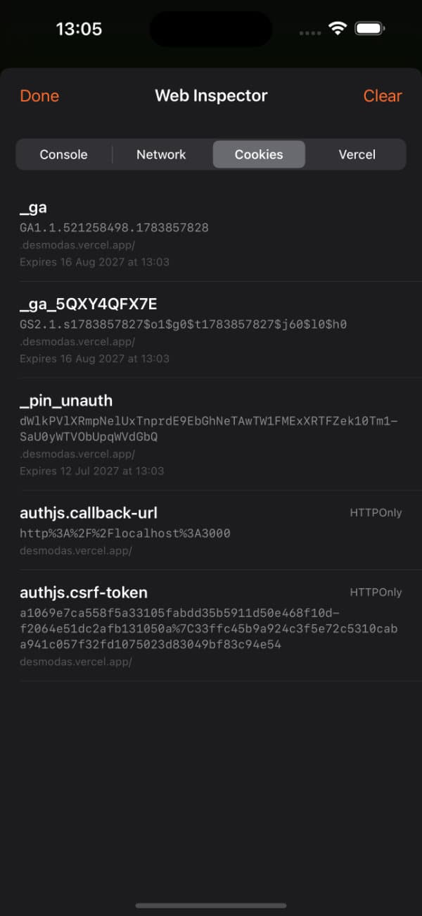 Web Inspector Cookies tab listing site cookies