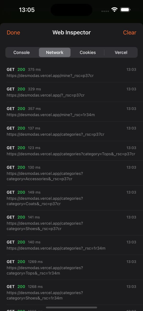 Web Inspector Network tab showing HTTP request log
