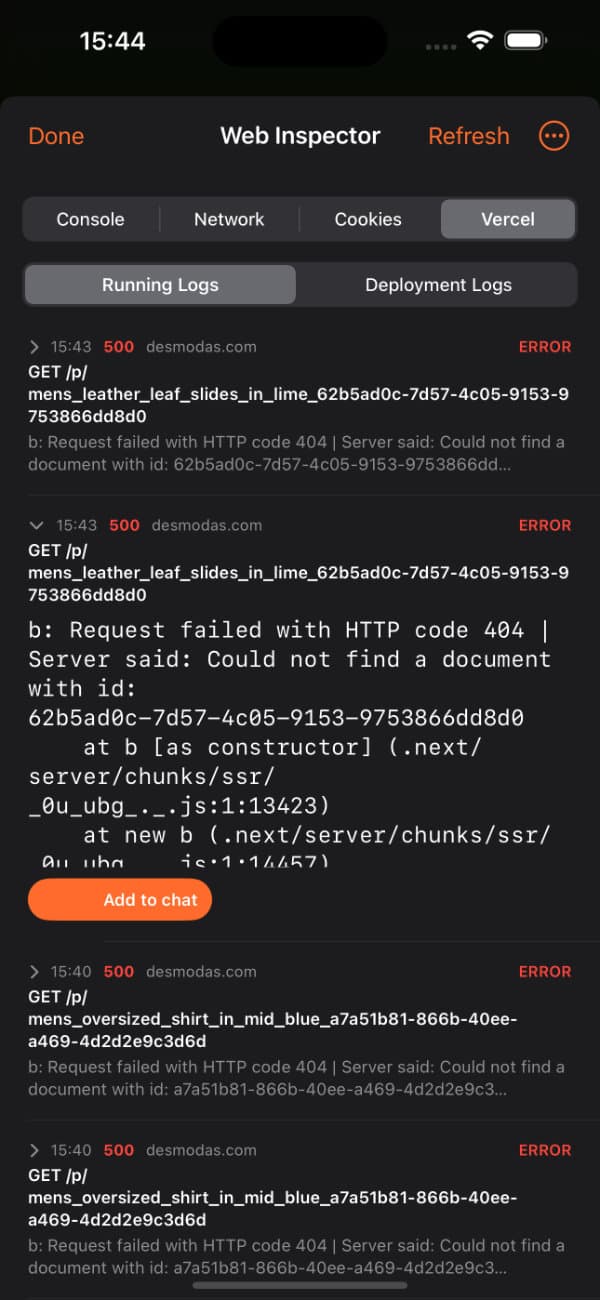 Web Inspector Vercel tab showing runtime errors and Add to chat