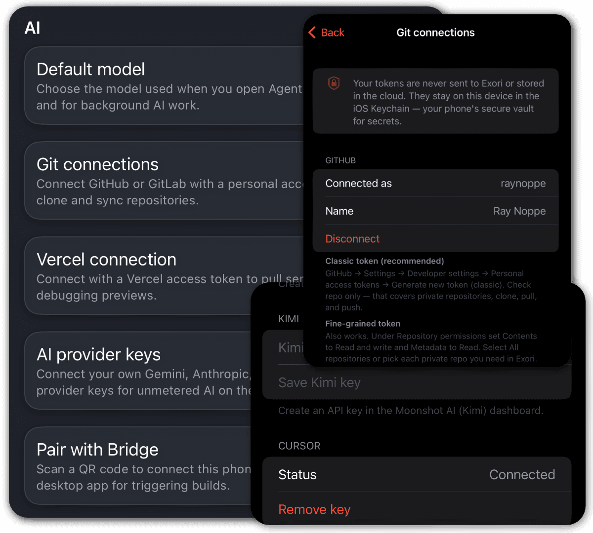 exori Settings showing Git and AI keys stored in the iOS Keychain