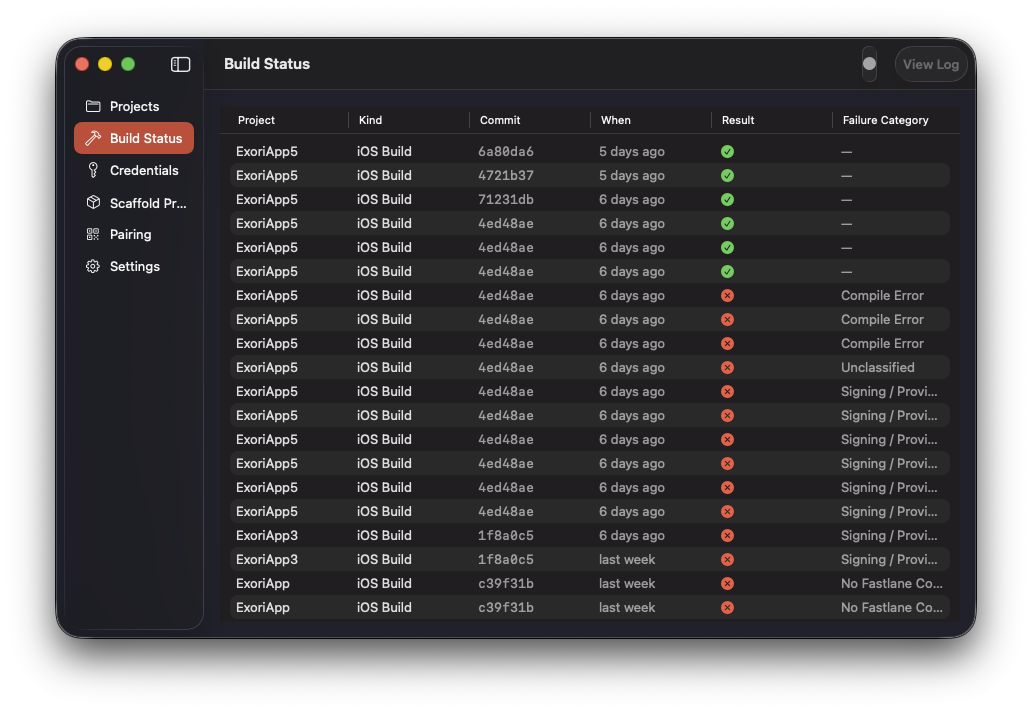 exori Bridge Build Status showing iOS build results and failure categories